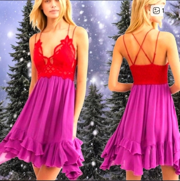 Free People Dresses & Skirts - Nwot Free People Intimately Adella Lace Slip dress in Purple and Red